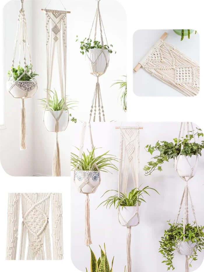 Gardening Plant Hanging Basket Handmade Macrame Flowerpot Pocket Cotton Rope Flower Pot Indoor Home Boho Style Yard Wall Decor - Image 2