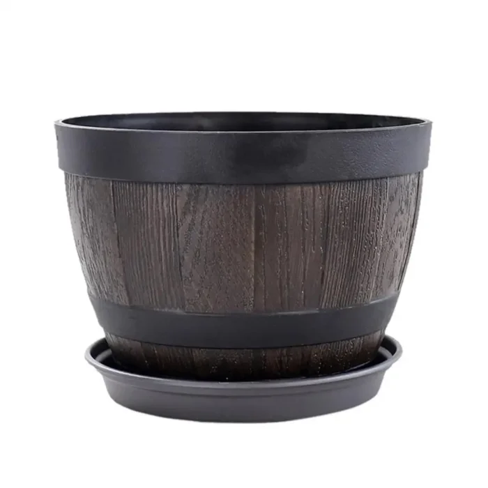 Simulation Wood Barrels 9 Inch Resin Flower Pot Vintage Style Bucket Shape Planter Home Decoration Outdoor Patio Farmhouse - Image 2