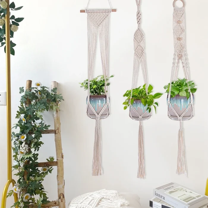 Gardening Plant Hanging Basket Handmade Macrame Flowerpot Pocket Cotton Rope Flower Pot Indoor Home Boho Style Yard Wall Decor - Image 4